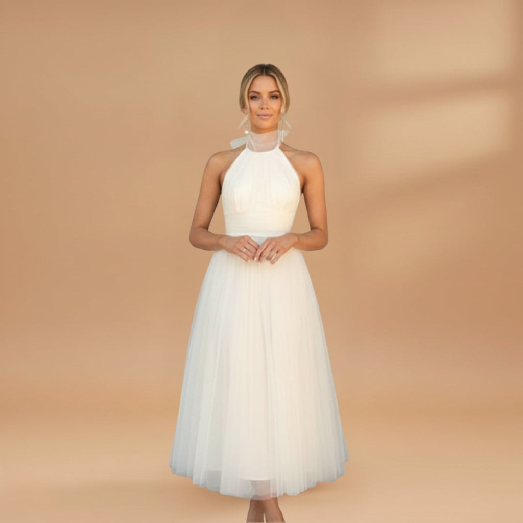 Women's maxi dress with a halter neck and tulle surface