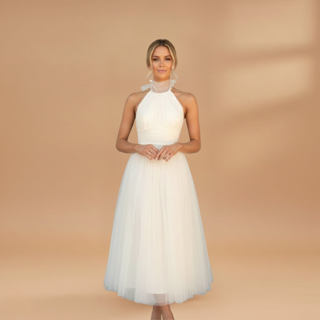 Women's maxi dress with a halter neck and tulle surface