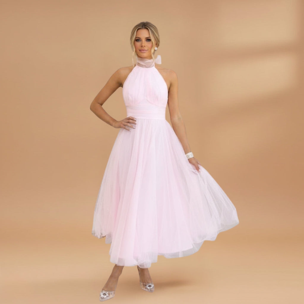 Women's maxi dress with a halter neck and tulle surface