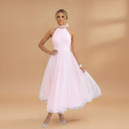 Women's maxi dress with a halter neck and tulle surface