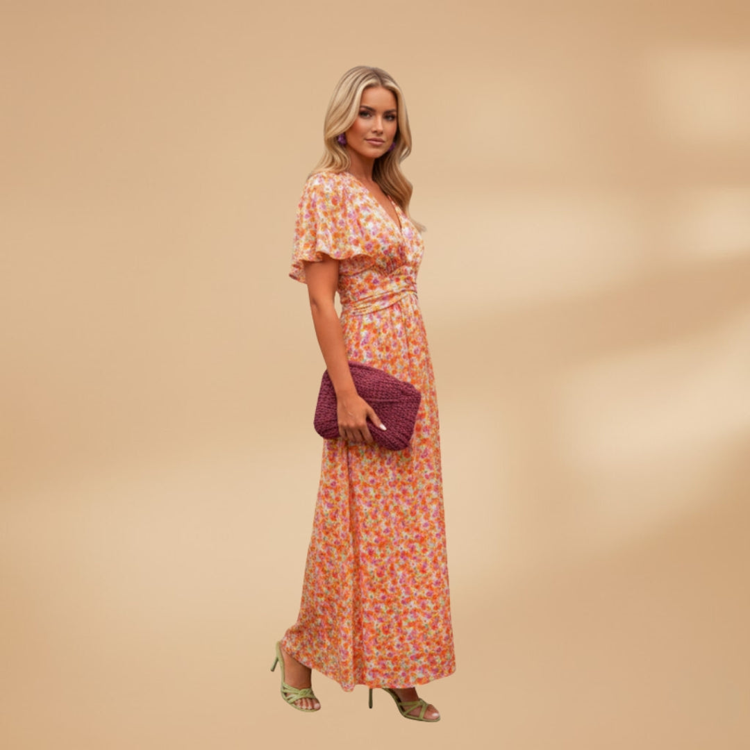 Women's maxi dress with wrap closure and floral print