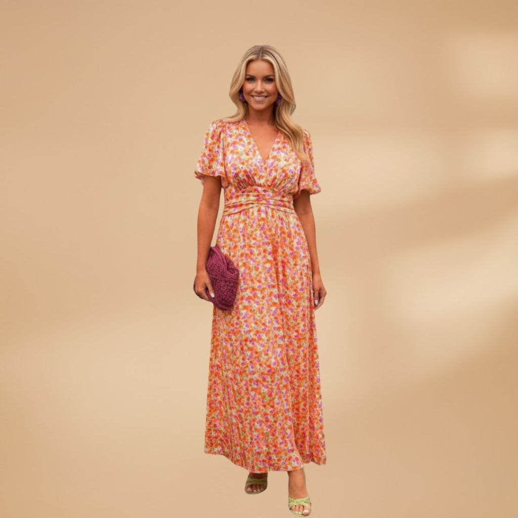 Women's maxi dress with wrap closure and floral print