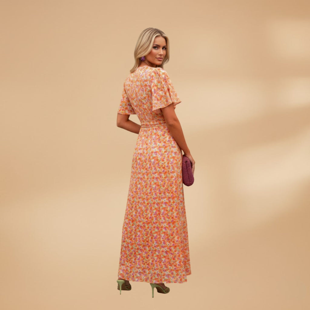 Women's maxi dress with wrap closure and floral print