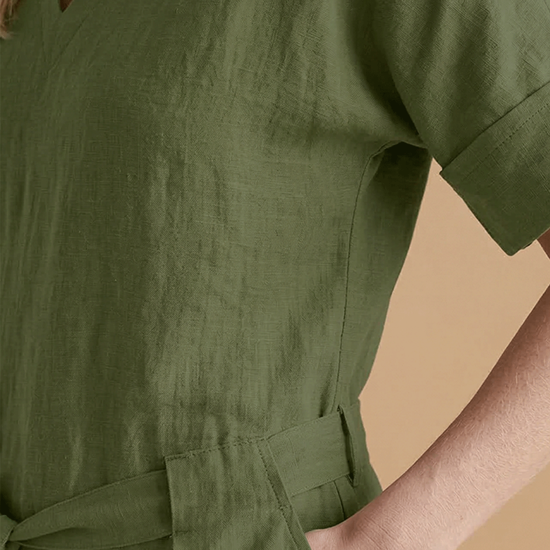 Women's short-sleeved jumpsuit with a V-neckline