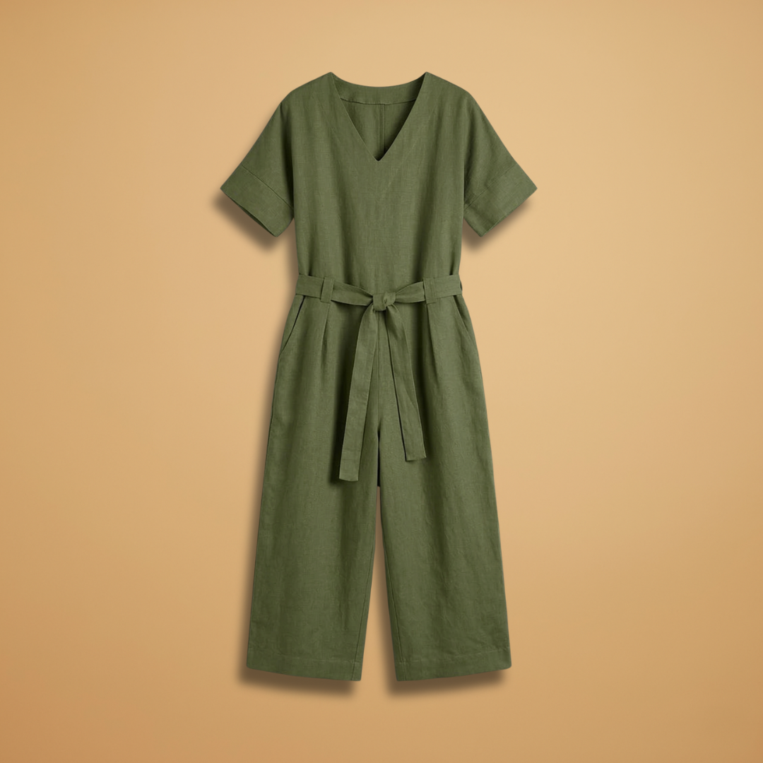Women's short-sleeved jumpsuit with a V-neckline