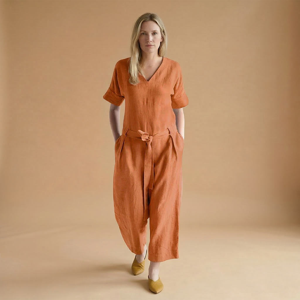 Women's short-sleeved jumpsuit with a V-neckline