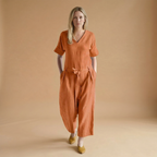 Women's short-sleeved jumpsuit with a V-neckline