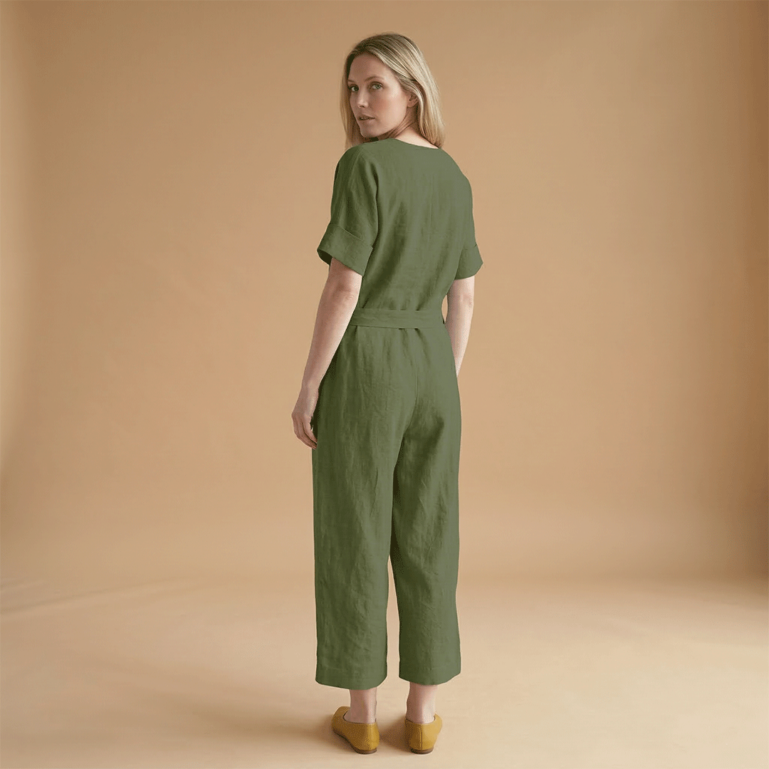 Women's short-sleeved jumpsuit with a V-neckline
