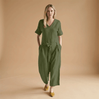Women's short-sleeved jumpsuit with a V-neckline