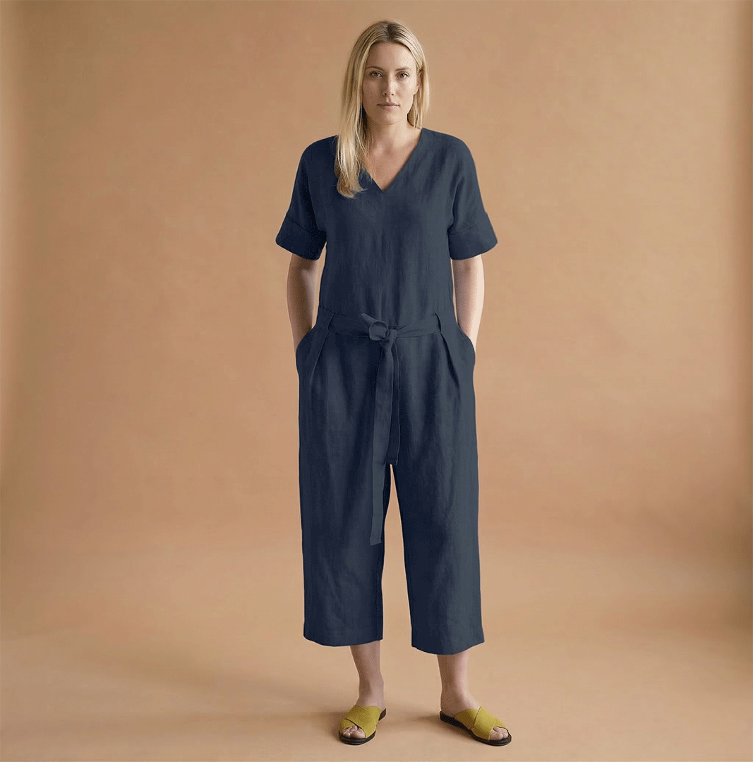 Women's short-sleeved jumpsuit with a V-neckline