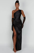 One Shoulder Satin Style Split Occasion Maxi Dress