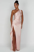 One Shoulder Satin Style Split Occasion Maxi Dress