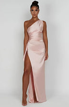 One Shoulder Satin Style Split Occasion Maxi Dress