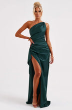 One Shoulder Satin Style Split Occasion Maxi Dress