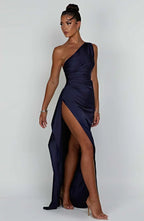 One Shoulder Satin Style Split Occasion Maxi Dress