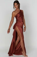One Shoulder Satin Style Split Occasion Maxi Dress