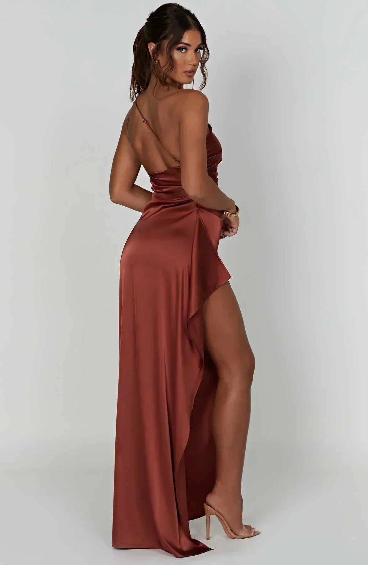 One Shoulder Satin Style Split Occasion Maxi Dress