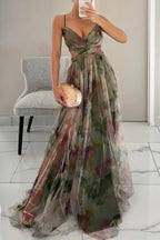 Women's Maxi dress multicolor with thin straps flowy V-neckline