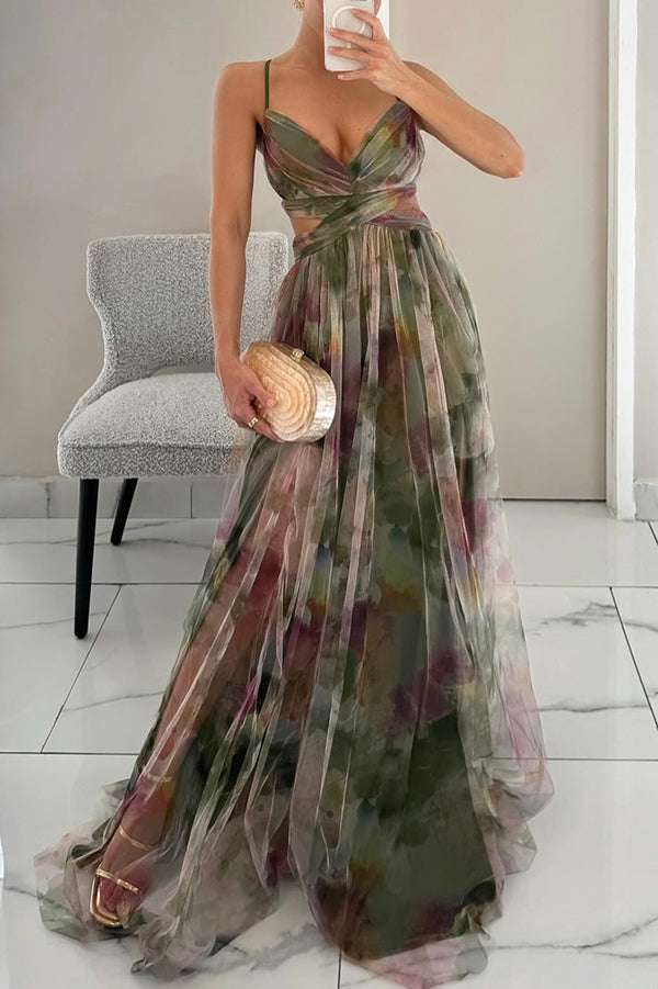 Women's Maxi dress multicolor with thin straps flowy V-neckline