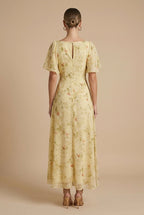Women's Floral Maxi Dress Square Neck Flutter Sleeve