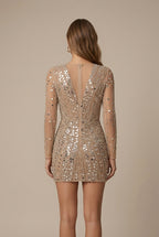 Women's Sequin Mini Dress - Deep V-Neck Long Sleeve Bodycon