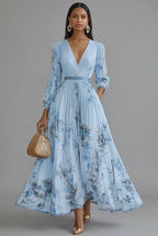 Floral V-Neck Long Sleeve Maxi Wedding Guest Dress