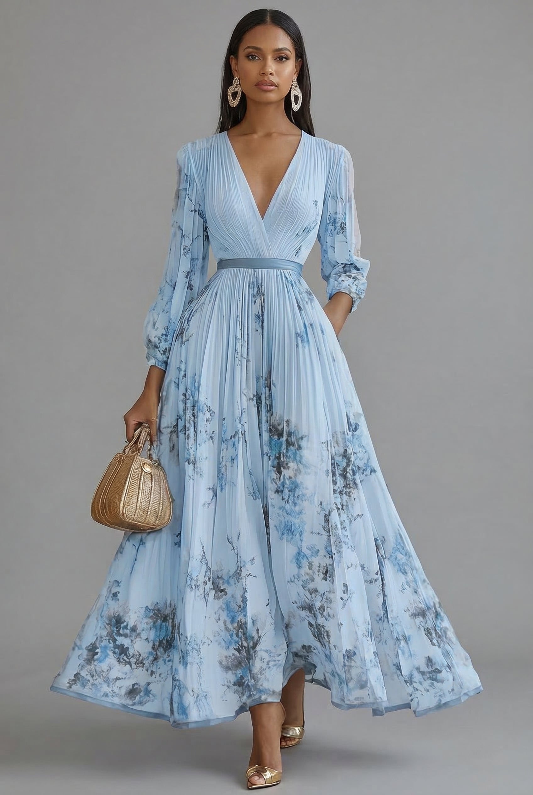 Floral V-Neck Long Sleeve Maxi Wedding Guest Dress