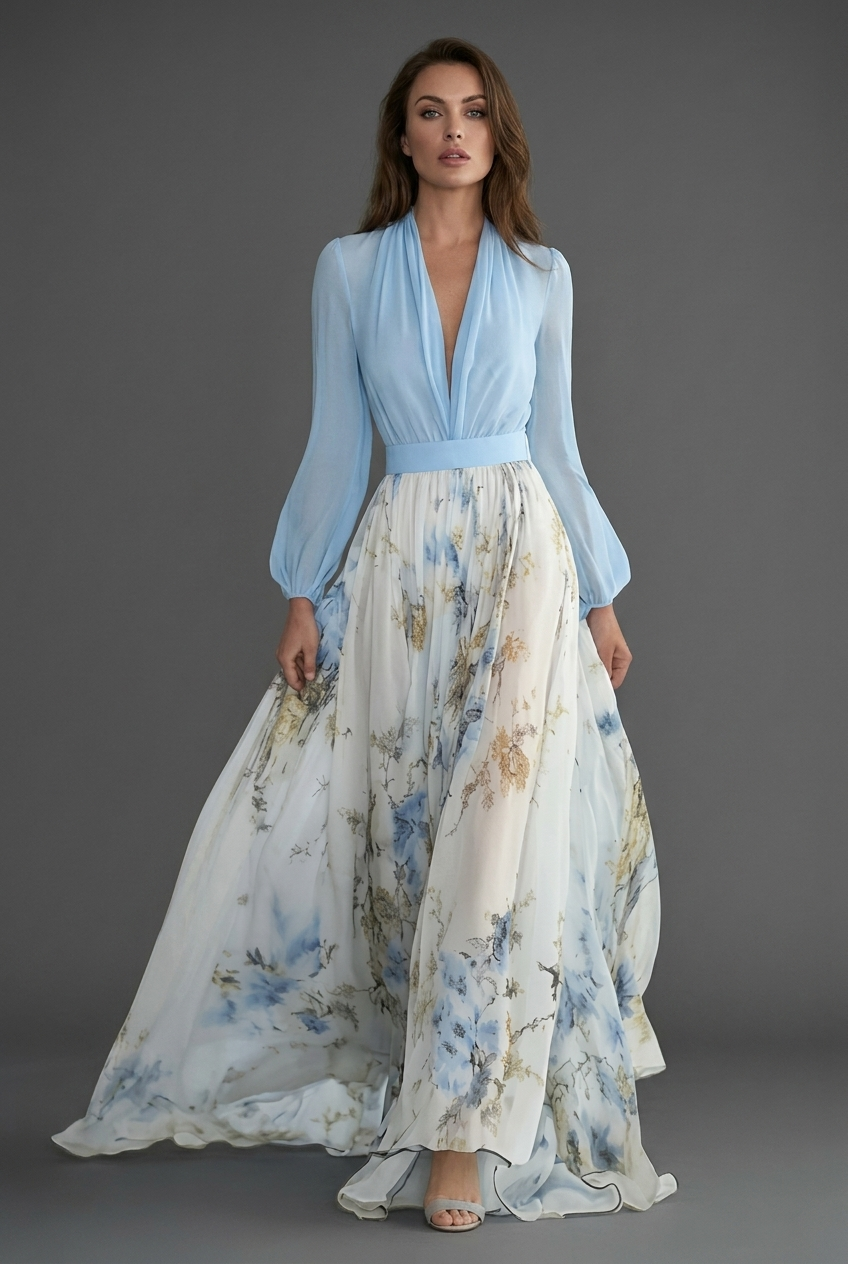 Women’s Elegant Floral Chiffon Style White Maxi Dress