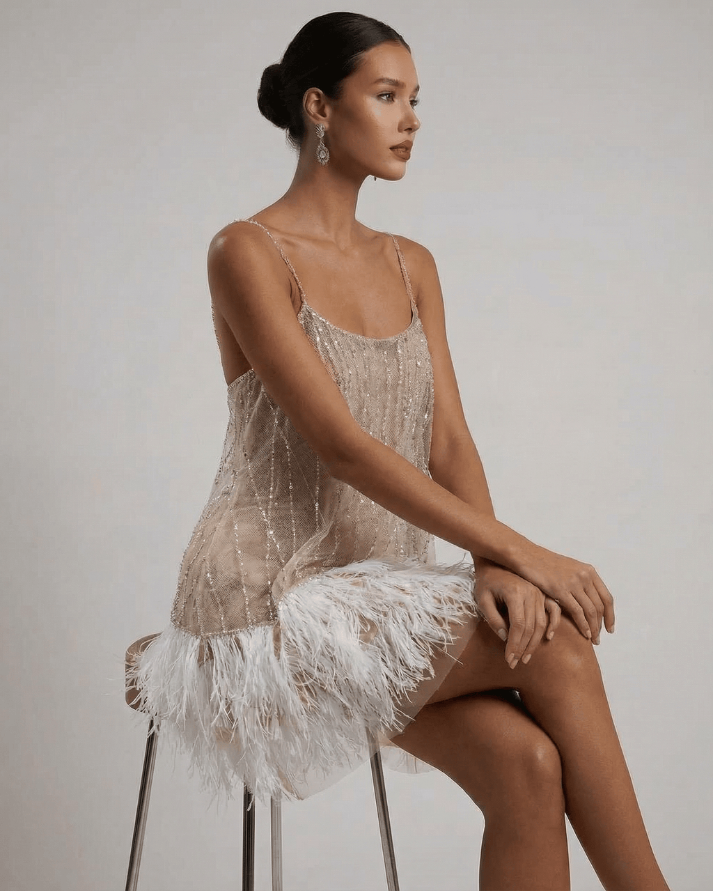 Women's Sequin Spaghetti Strap Sweetheart Feather Trim Mini Dress