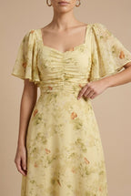Women's Floral Maxi Dress Square Neck Flutter Sleeve