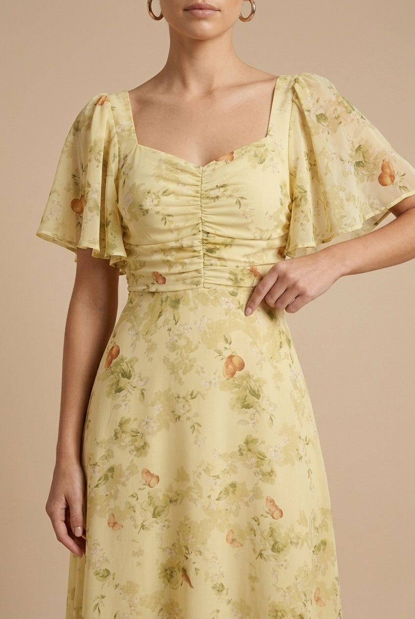 Women's Floral Maxi Dress Square Neck Flutter Sleeve