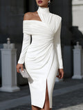 Women's Long Sleeve Midi Dress - High Neck One Shoulder Ruched Bodycon Front Slit Evening Dress