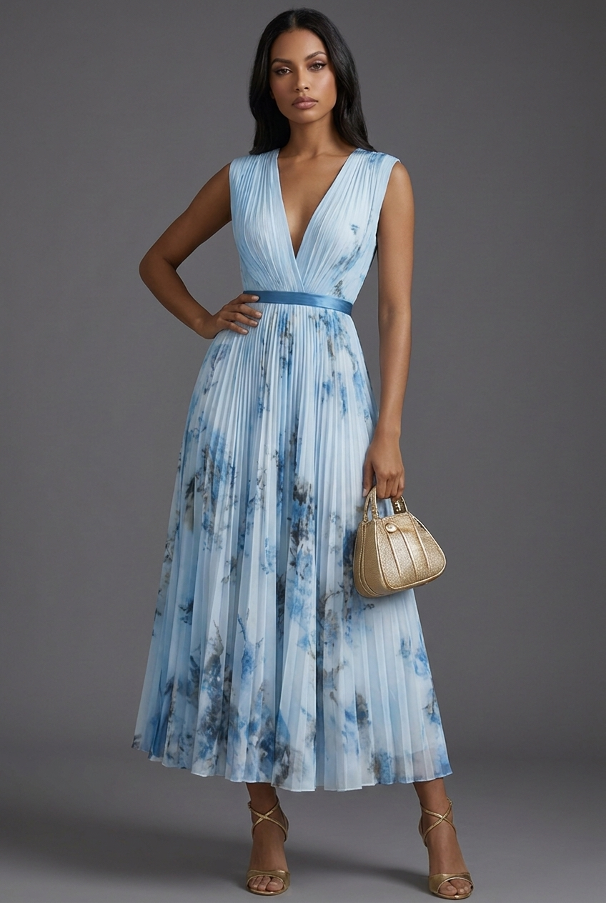 V-Neck Pleated Floral Midi Wedding Guest Dress