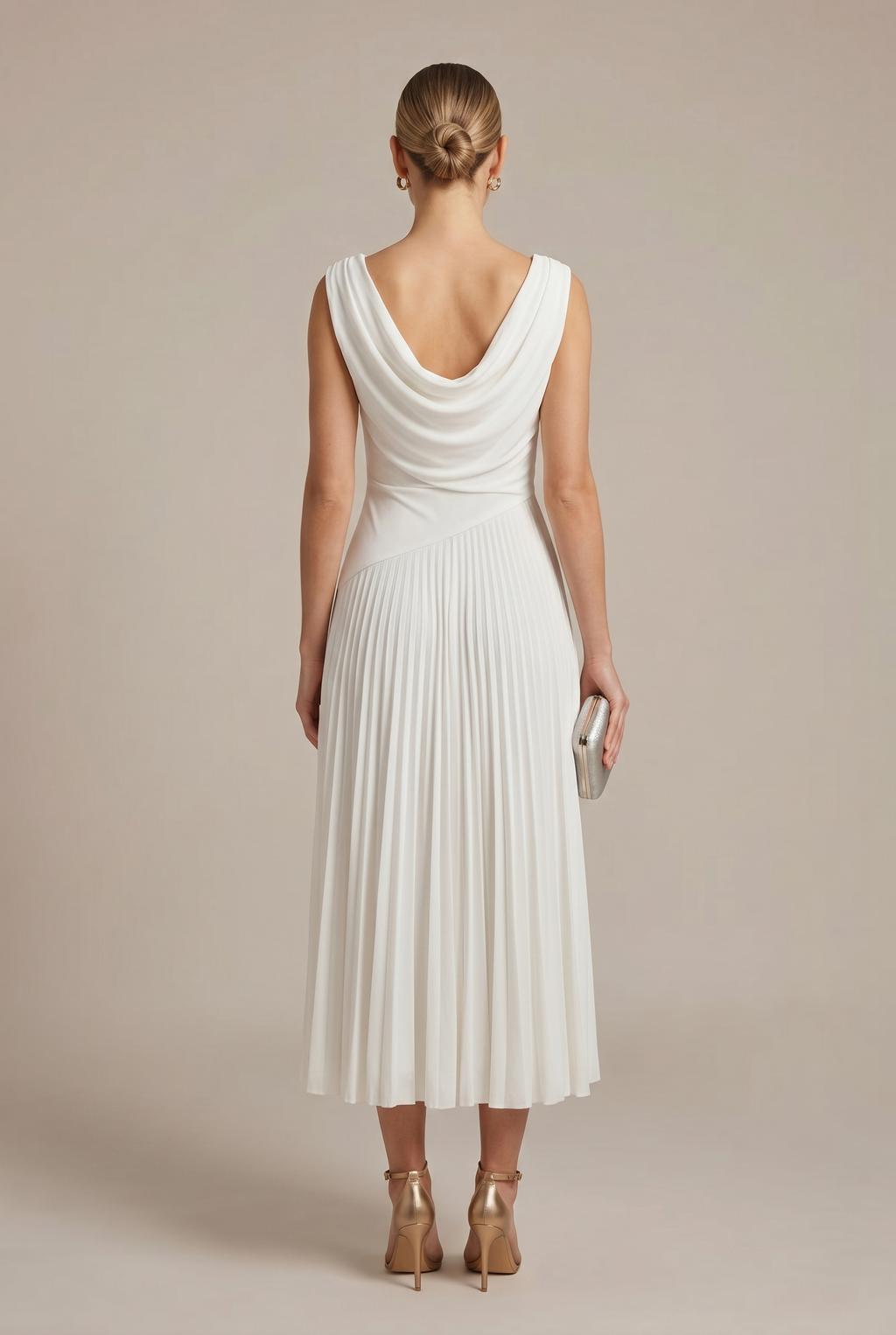 Women's Sleeveless Draped Neckline Pleated Midi Dress