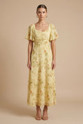Women's Floral Maxi Dress Square Neck Flutter Sleeve