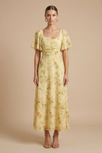 Women's Floral Maxi Dress Square Neck Flutter Sleeve