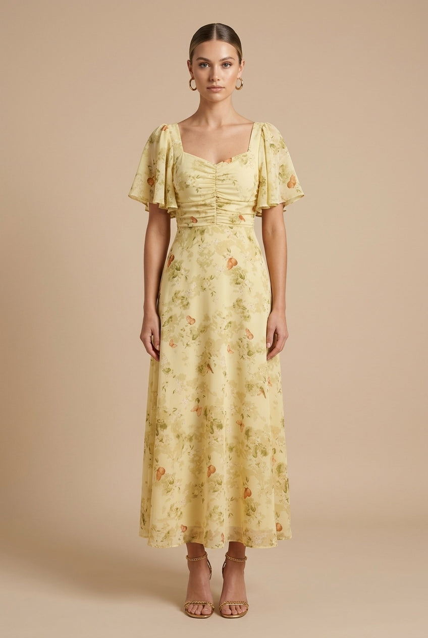 Women's Floral Maxi Dress Square Neck Flutter Sleeve