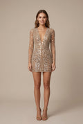 Women's Sequin Mini Dress - Deep V-Neck Long Sleeve Bodycon
