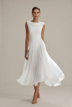 Women's Sleeveless Draped Neckline Pleated Midi Dress