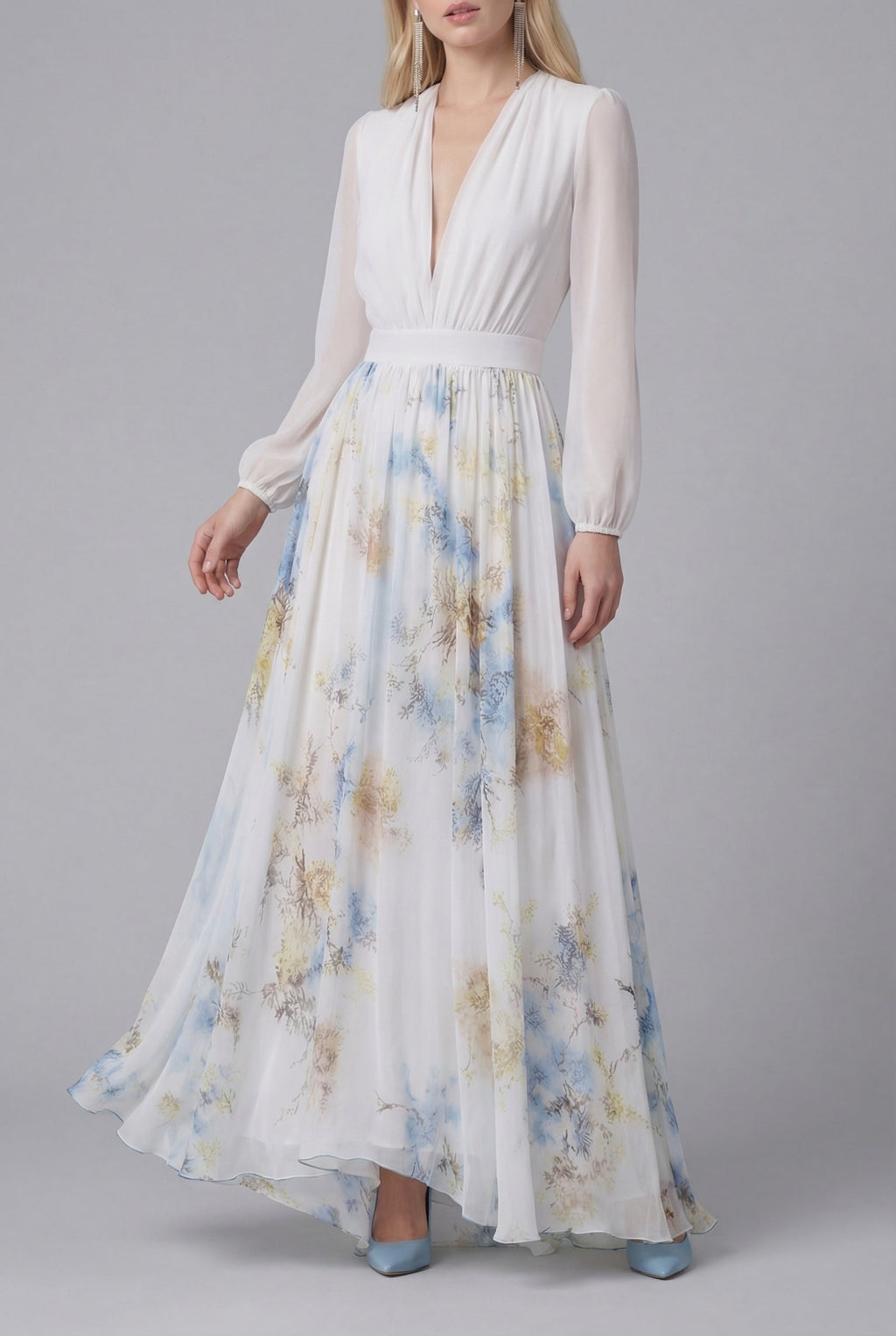 Women’s Elegant Floral Chiffon Style White Maxi Dress