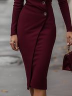Women's V-Neck Long Sleeve Midi Dress with Button Waist Detail