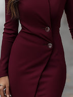 Women's V-Neck Long Sleeve Midi Dress with Button Waist Detail