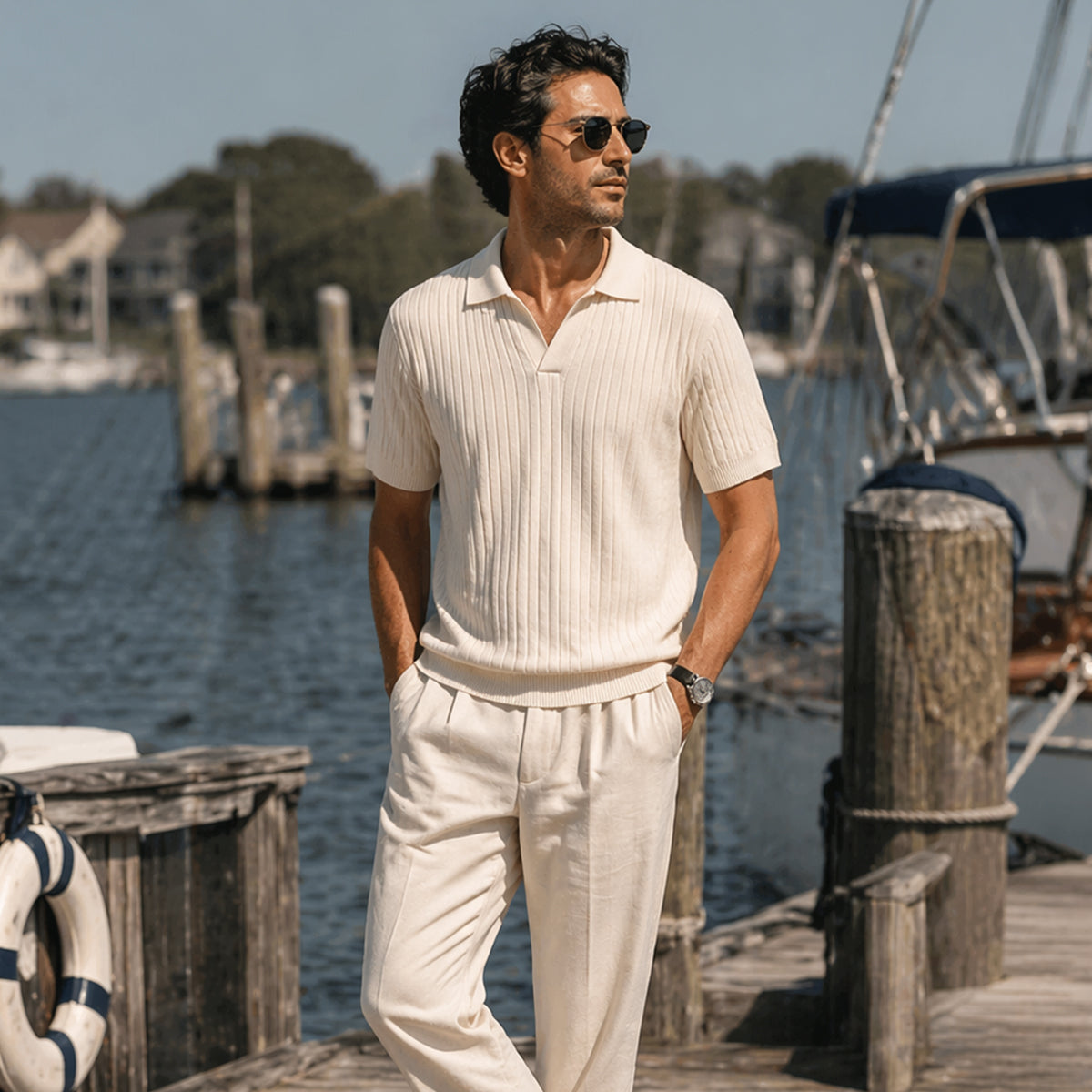 Ambrose | Men's Ribbed Knitted Short Sleeve V-Neck Polo