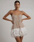 Women's Sequin Spaghetti Strap Sweetheart Feather Trim Mini Dress