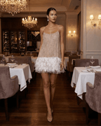 Women's Sequin Spaghetti Strap Sweetheart Feather Trim Mini Dress