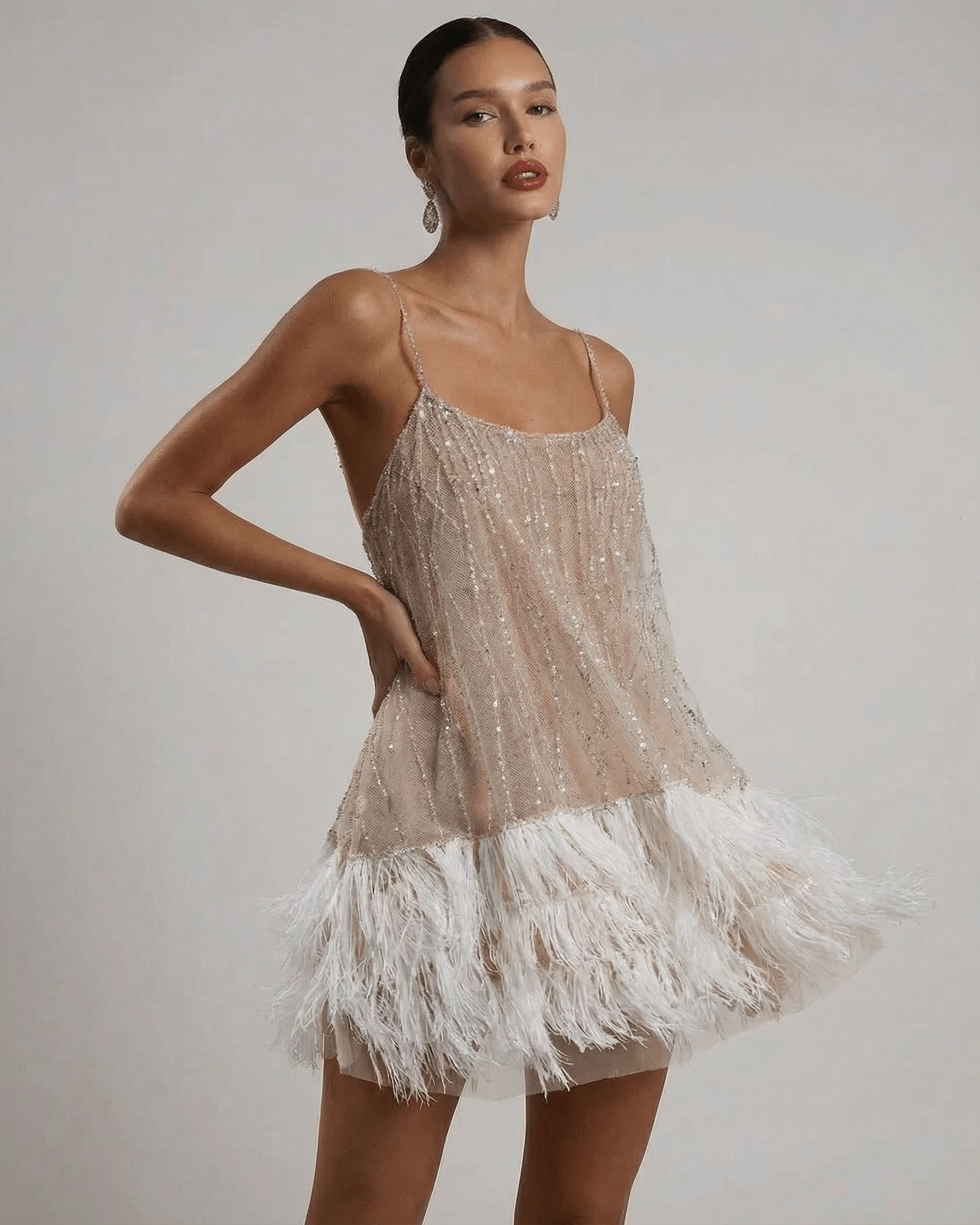 Women's Sequin Spaghetti Strap Sweetheart Feather Trim Mini Dress