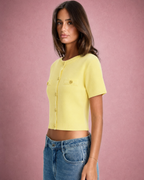 Ivy | Gold Button-Front Faux Pocket Cropped Knit Top