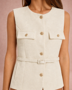 Erin | Belted Waist Gold-Button Flap Pocket Waistcoat