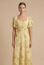 Women's Floral Maxi Dress Square Neck Flutter Sleeve