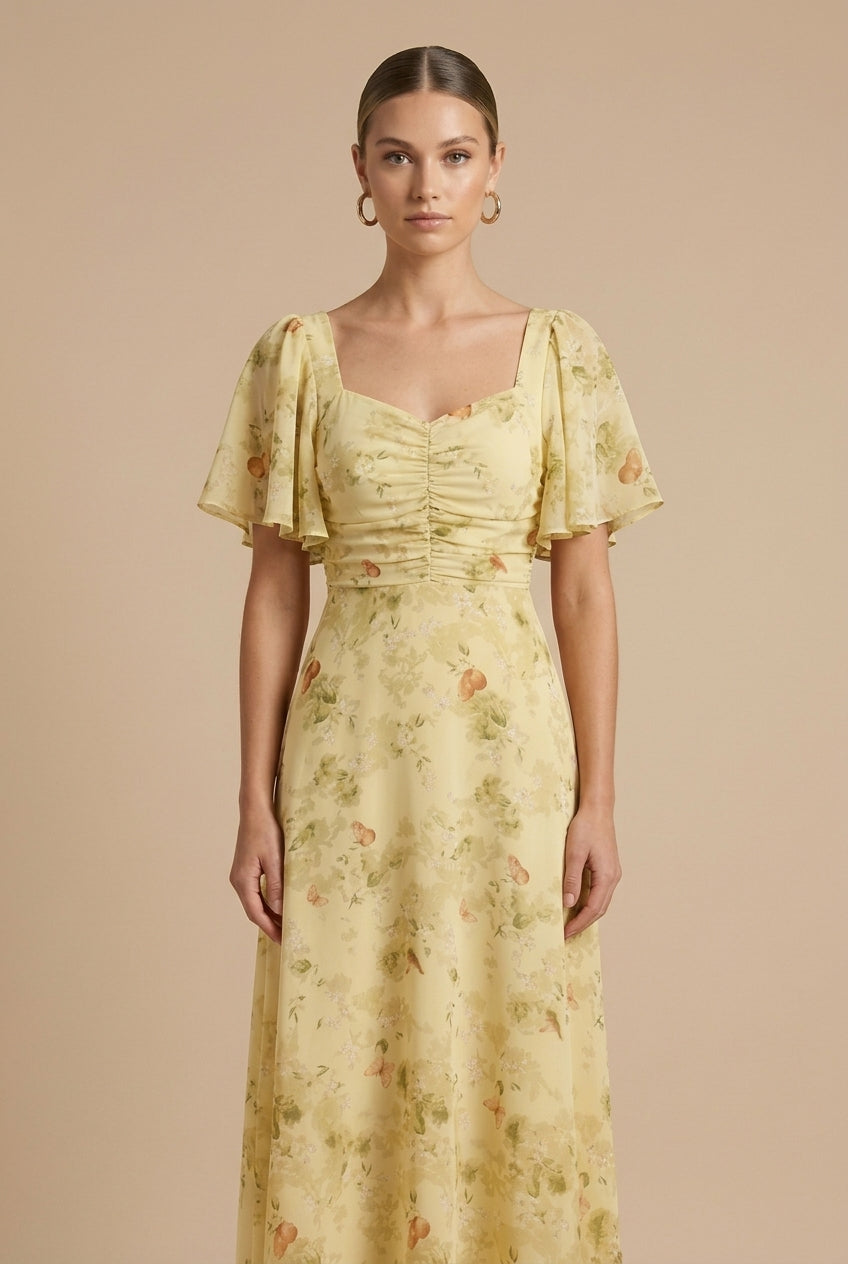 Women's Floral Maxi Dress Square Neck Flutter Sleeve